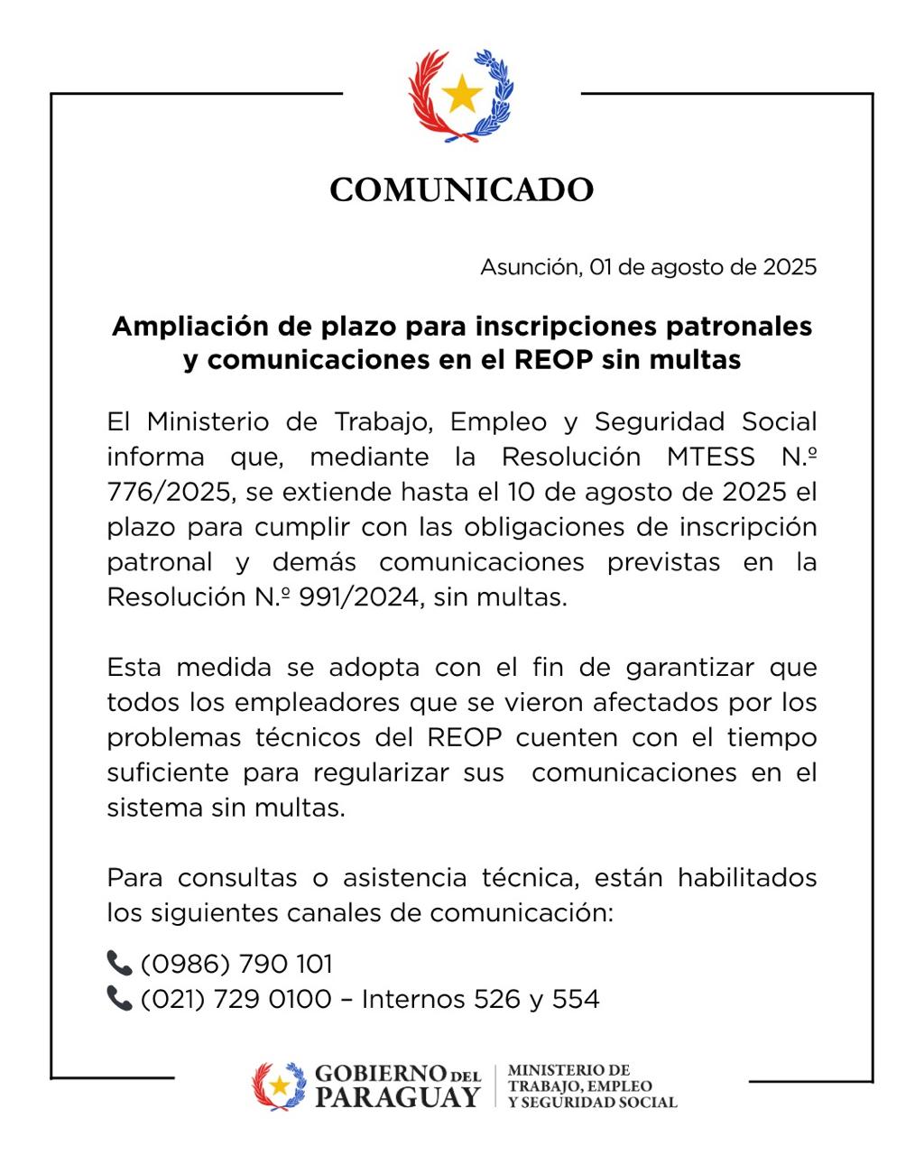 Resolución MTESS Nº 776/2025 - Prórroga REOP