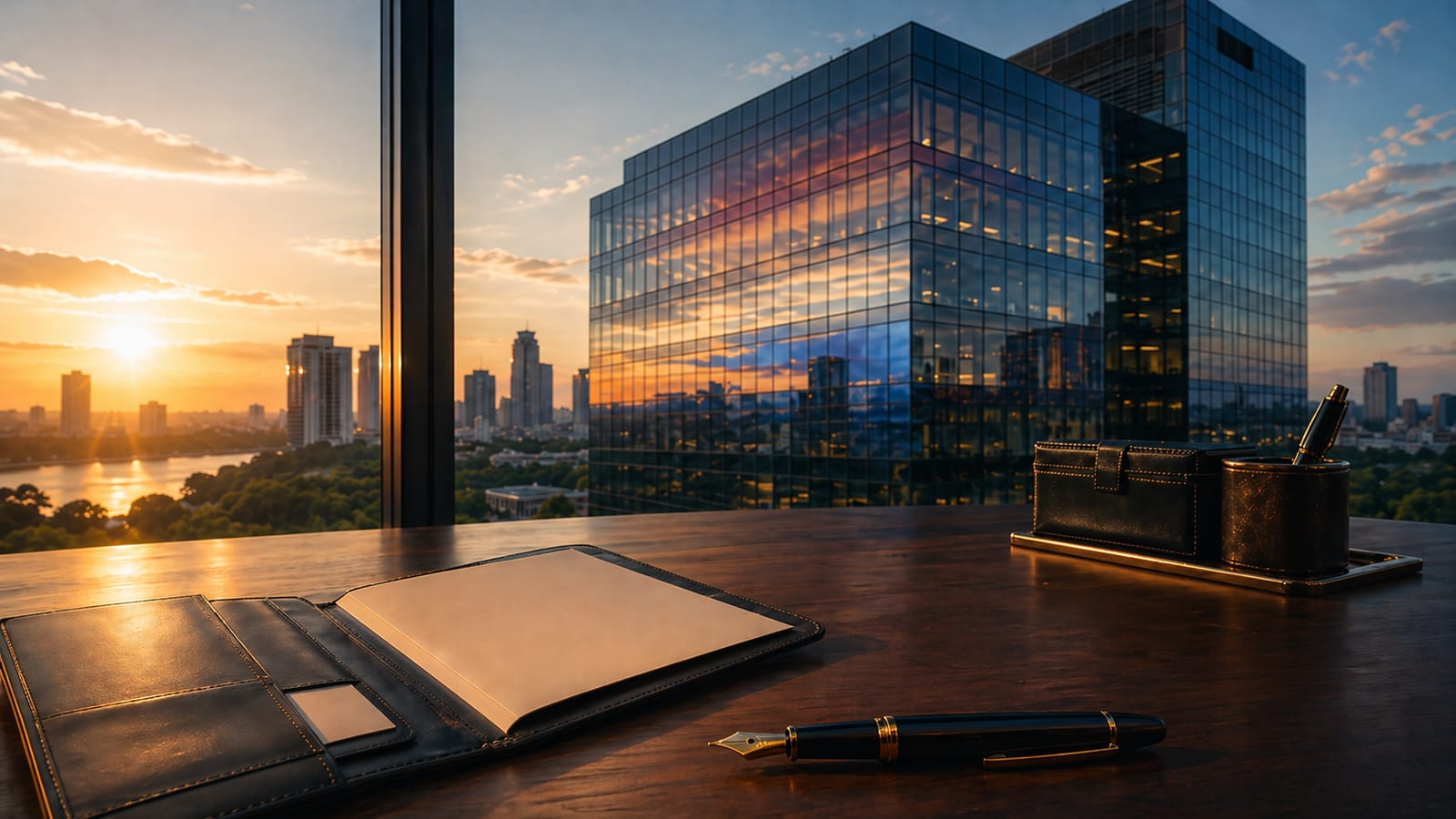 Atardecer sobre el skyline empresarial de Asunción reflejado en un edificio corporativo, con escritorio ejecutivo y carpeta de contrato — concepto del Paraguay Investor Pass