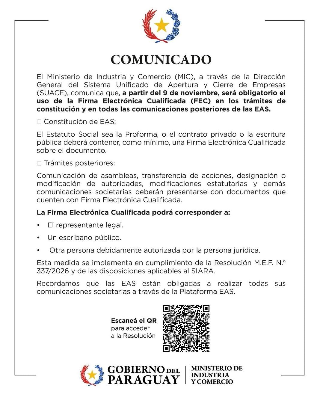 Comunicado oficial del Ministerio de Industria y Comercio (SUACE): obligatoriedad de la Firma Electrónica Cualificada en la constitución y en las comunicaciones posteriores de las EAS a partir del 9 de noviembre